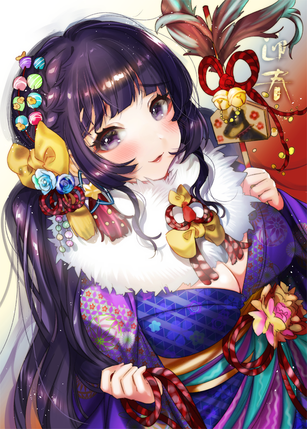 1girl arrow bangs bell blue_flower blue_rose blunt_bangs blush bow braid breasts cleavage dutch_angle earrings ema feathers floral_print flower fur_collar gradient gradient_background hair_bow hamaya holding japanese_clothes jewelry jingle_bell kimono light_particles lips long_hair long_sleeves looking_at_viewer low_twintails makeup medium_breasts new_year obi ogino_atsuki original parted_lips purple_kimono raised_eyebrows red_ribbon ribbon rose sash shiny shiny_hair side_braid sidelocks solo star star_earrings tareme tassel twintails underbust upper_body yellow_bow yukata