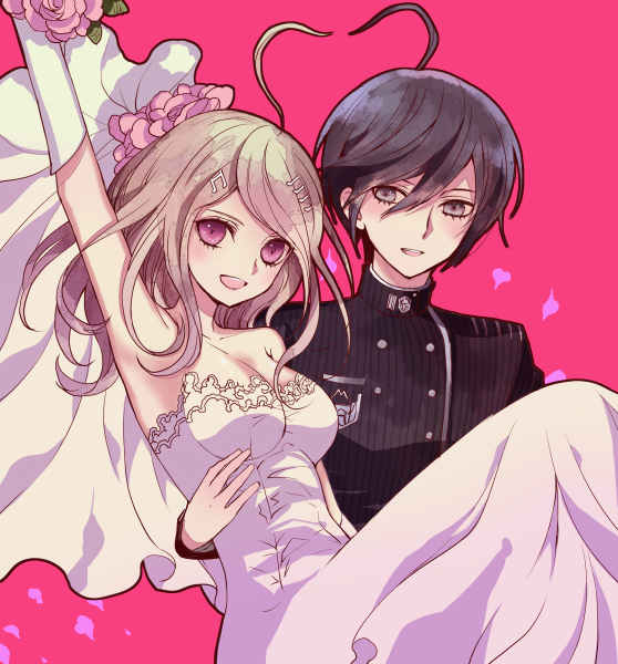 1boy 1girl ahoge akamatsu_kaede black_hair blonde_hair bouquet couple dangan_ronpa dress flower grey_eyes hair_between_eyes happy long_hair musical_note_hair_ornament new_dangan_ronpa_v3 saihara_shuuichi shirt smile striped striped_shirt vertical-striped_shirt vertical_stripes violet_eyes wedding_dress