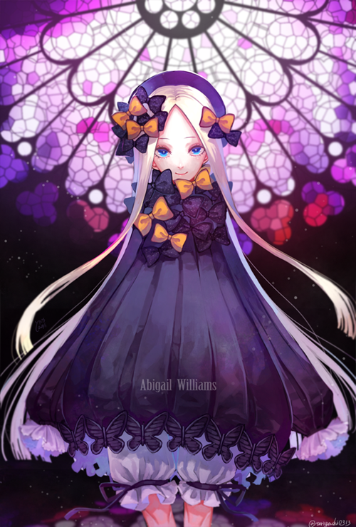 1girl abigail_williams_(fate/grand_order) bangs black_bow black_dress black_hat blonde_hair bloomers blue_eyes bow butterfly character_name closed_mouth commentary_request dress fate/grand_order fate_(series) forehead hair_bow hat long_hair long_sleeves looking_at_viewer orange_bow parted_bangs polka_dot polka_dot_bow sleeves_past_wrists smile solo stained_glass toriguchi underwear very_long_hair white_bloomers