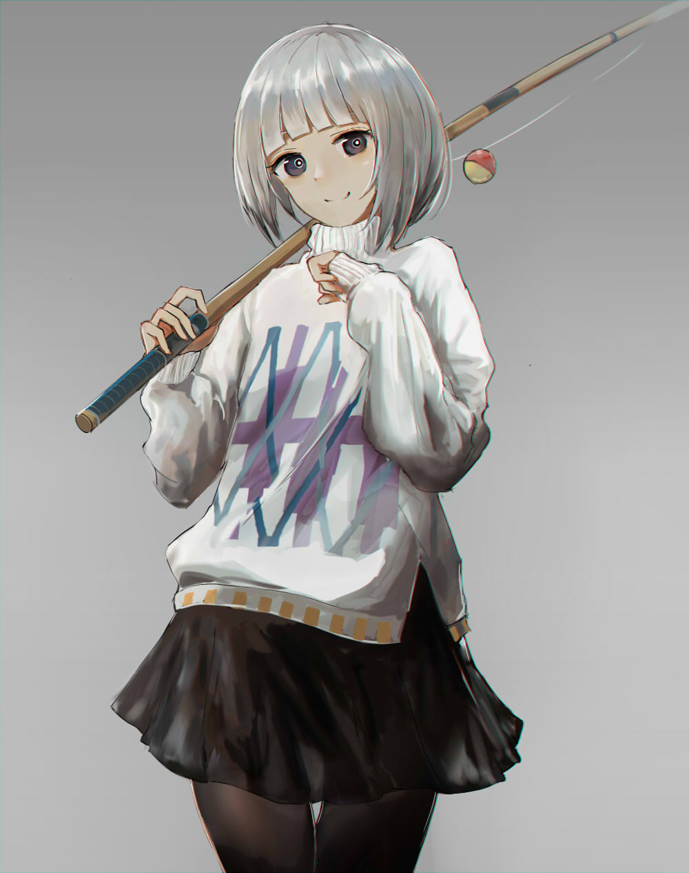 1girl arms_up bangs black_eyes black_legwear black_skirt closed_mouth doubutsu_no_mori fishing_rod grey_background grey_hair highres holding holding_fishing_rod long_sleeves looking_at_viewer pantyhose shiny shiny_hair short_hair simple_background skirt sleeves_past_wrists smile solo standing swav sweater turtleneck turtleneck_sweater white_sweater