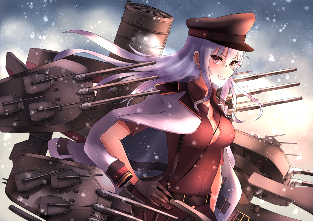 1girl belt black_gloves black_skirt blush breasts flat_cap gangut_(kantai_collection) gloves gun hat itsuwa_(continue) jacket jacket_on_shoulders kantai_collection long_hair long_sleeves looking_at_viewer medium_breasts military military_hat military_jacket military_uniform naval_uniform peaked_cap red red_shirt shirt skirt smile snow snowing solo turret uniform weapon