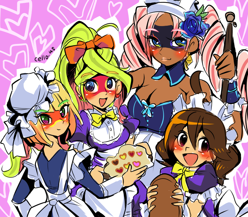 ahoge alto_(ezstrongs) arms_(game) beanie blonde_hair blue_eyes brown_hair dark_skin domino_mask dress drill_hair earrings green_eyes hat jewelry lips long_hair looking_at_viewer maid maid_headdress mask mechanica_(arms) min_min_(arms) multicolored_hair open_mouth pink_hair ponytail ribbon ribbon_girl_(arms) ribbon_hair short_hair smile twin_drills twintails twintelle_(arms) two-tone_hair very_long_hair violet_eyes