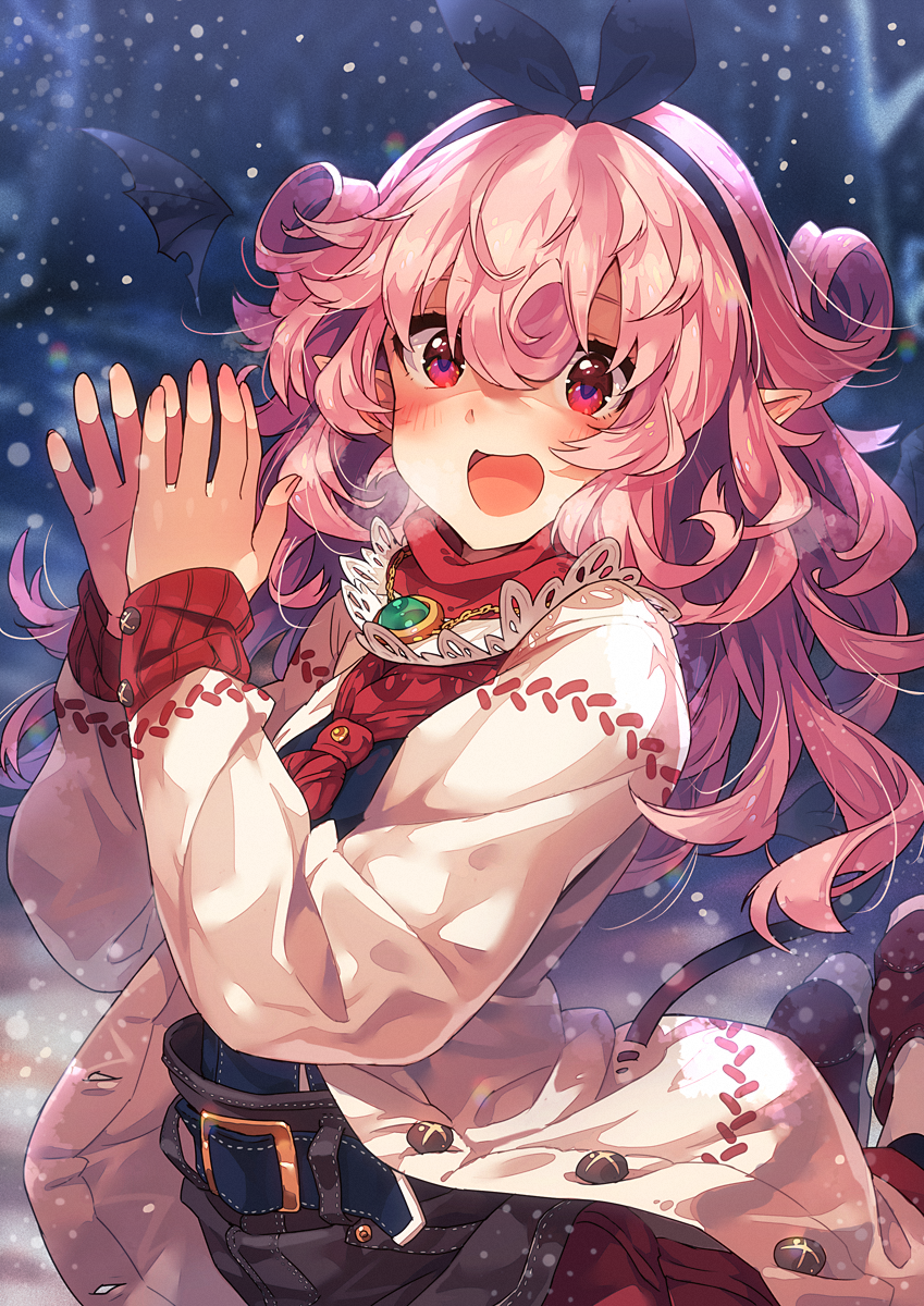 1girl animal_ears bow highres looking_at_viewer narumi_arata original pink_hair recri red_eyes revision snow solo