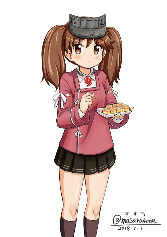 1girl artist_name black_legwear black_skirt brown_eyes brown_hair commentary_request dated eating food japanese_clothes kantai_collection kariginu kneehighs magatama masara_(masalucky2010) pleated_skirt red_shirt ryuujou_(kantai_collection) shirt simple_background skirt solo standing takoyaki twintails twitter_username visor_cap white_background