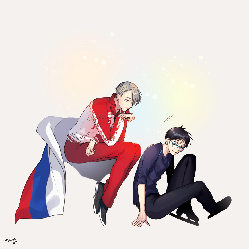 2boys amg_(nwmnmllf) black_hair blue-framed_eyewear blue_eyes closed_eyes flag floating glasses ice_skates katsuki_yuuri male_focus multiple_boys russian_flag silver_hair sitting skates smile track_suit viktor_nikiforov yuri!!!_on_ice