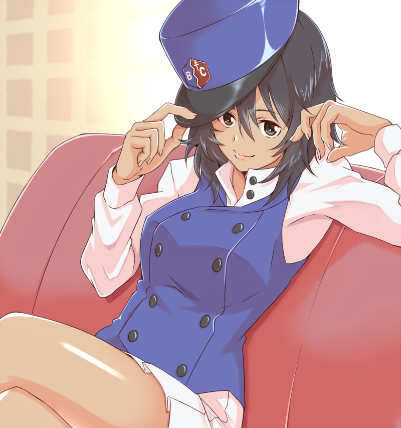 1girl adjusting_clothes adjusting_hat andou_(girls_und_panzer) bangs bc_freedom_(emblem) bc_freedom_military_uniform black_hair blue_hat blue_vest brown_eyes closed_mouth couch dark_skin egooo eyebrows_visible_through_hair girls_und_panzer girls_und_panzer_saishuushou hat high_collar jacket legs_crossed long_sleeves looking_at_viewer military_hat pleated_skirt shako_cap shirt short_hair sitting skirt smile solo unbuttoned unbuttoned_shirt vest white_shirt white_skirt