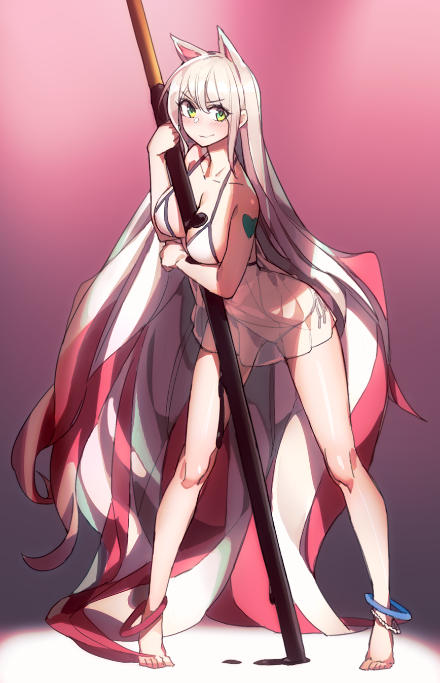 1girl animal_ears bangs barefoot blush breasts camisole cat_ears cleavage dungeon_and_fighter eyebrows_visible_through_hair food full_body green_eyes highres holding large_breasts long_hair looking_at_viewer ludaf no_shoes pocky solo standing underwear white_hair