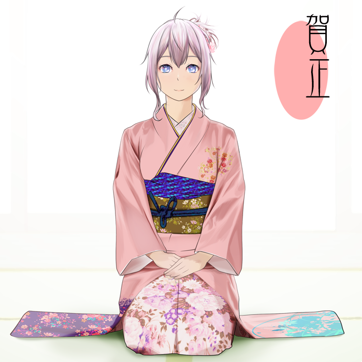 1girl 2018 ahoge aoba_(kantai_collection) blue_eyes breasts darkredgear floral_print hair_between_eyes hair_ornament hands_on_lap japanese_clothes kantai_collection kimono messy_hair nengajou new_year obi pink_hair ponytail sash seiza short_hair sidelocks sitting smile solo tatami