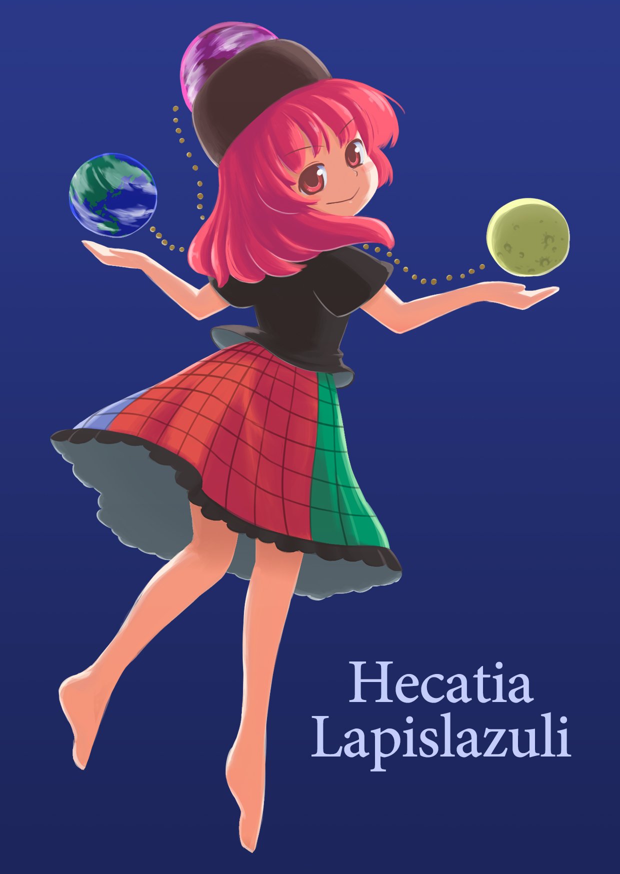 1girl :&gt; bare_arms bare_legs barefoot black_shirt blue_background blue_skirt character_name closed_mouth earth_(ornament) eyebrows eyebrows_visible_through_hair from_behind gradient gradient_background green_skirt hat head_tilt hecatia_lapislazuli highres itatatata legs_apart long_hair looking_at_viewer looking_back moon_(ornament) multicolored multicolored_clothes multicolored_skirt no_lineart outstretched_arms plaid plaid_skirt polos_crown red_skirt shaft_look shirt skirt smile solo t-shirt tareme text touhou