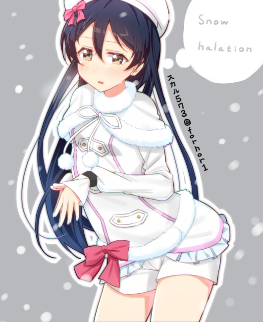 1girl arched_back bangs beret blue_hair blush commentary_request fur_trim hair_between_eyes hat long_hair love_live! love_live!_school_idol_project open_mouth ribbon skull573 snow_halation sonoda_umi steepled_fingers text white_hat