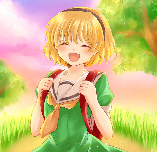 1girl ^_^ backpack bag blonde_hair closed_eyes dress fang grass hairband higurashi_no_naku_koro_ni houjou_satoko maekawa_suu open_mouth sailor_dress smile tree