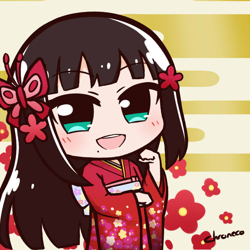 1girl 2018 artist_name black_hair butterfly_hair_ornament chroneco hair_ornament happy_birthday happy_new_year japanese_clothes kimono kurosawa_dia love_live! love_live!_sunshine!! new_year smile