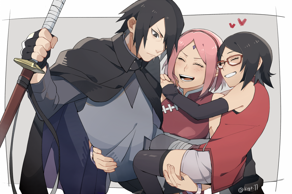 1boy 2girls boruto:_naruto_next_generations carrying cloak facial_mark family father_and_daughter forehead_mark glasses hair_over_one_eye hairband happy haruno_sakura heart husband_and_wife kiragera lifting_person mother_and_daughter multiple_girls naruto pink_hair scabbard sheath smile sword uchiha_sarada uchiha_sasuke weapon