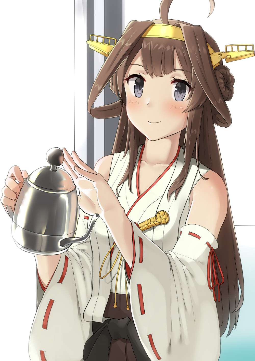 1girl ahoge bare_shoulders black_skirt brown_hair detached_sleeves double_bun hairband headgear highres holding japanese_clothes kantai_collection kongou_(kantai_collection) long_hair nontraditional_miko pleated_skirt ribbon-trimmed_sleeves ribbon_trim skirt smile soil_chopsticks solo violet_eyes white_background wide_sleeves