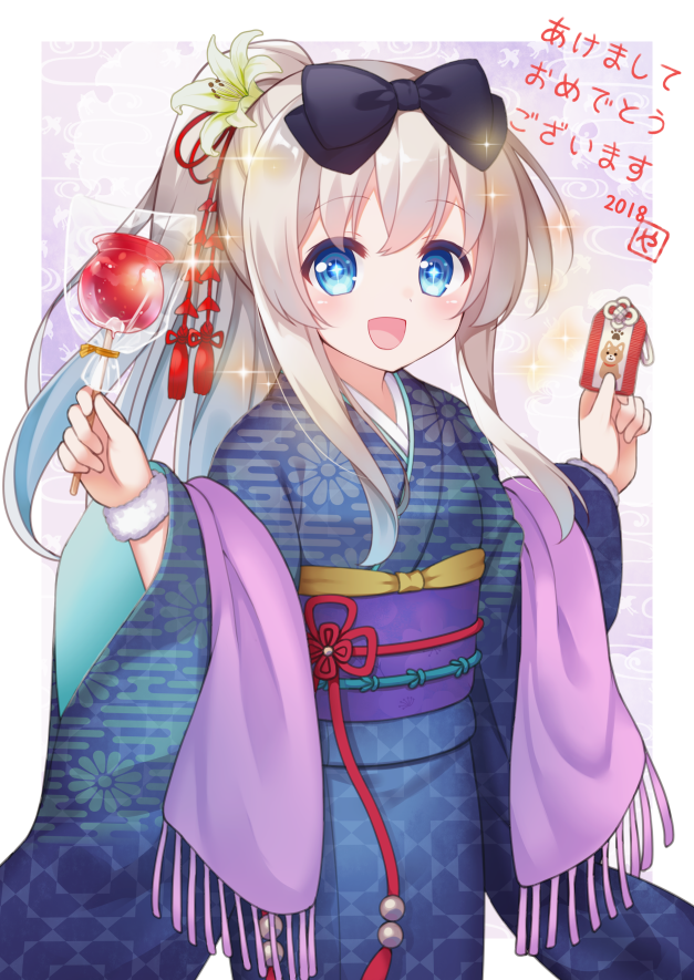 1girl blue_eyes bow cowboy_shot flower hair_bow hair_flower hair_ornament japanese_clothes kimono long_hair looking_at_viewer open_mouth original ponytail scarf silver_hair solo standing toffee_apple yatsuki_yura