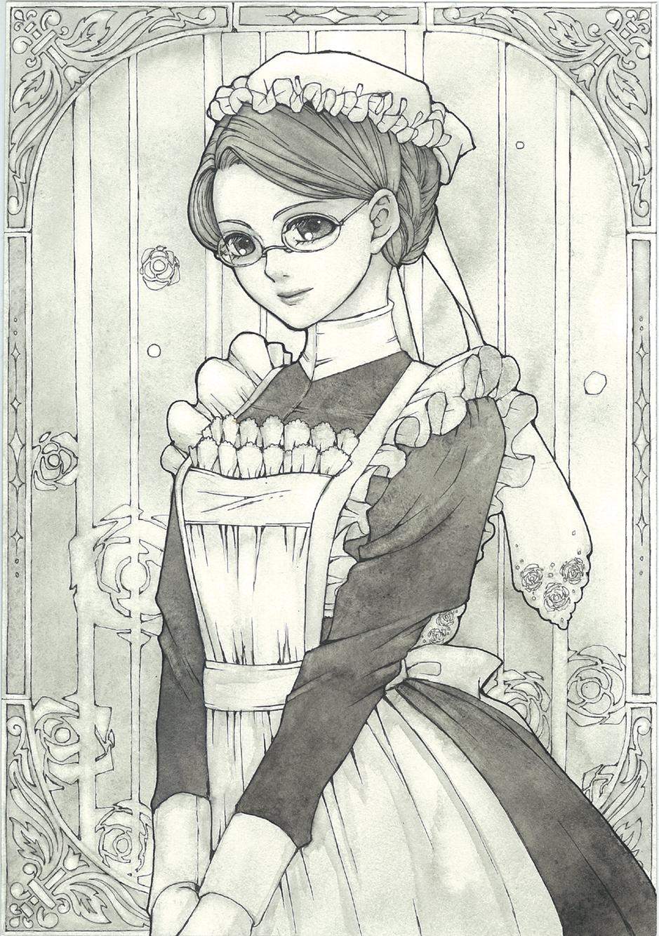 1girl apron closed_mouth dress emma_(victorian_romance_emma) frame frilled_apron frills glasses grey hair_up highres light_smile long_sleeves maid maid_headdress monochrome out_of_frame puffy_long_sleeves puffy_sleeves sayococco solo traditional_media v_arms victorian victorian_romance_emma watercolor_(medium)