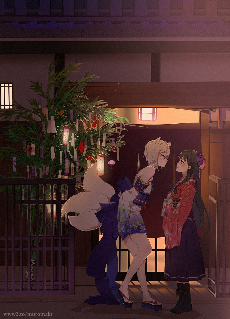 2girls animal_ears architecture bag black_boootsboots black_hair blonde_hair building closed_mouth detached_sleeves east_asian_architecture eye_contact from_side full_body hair_ribbon handbag high-waist_skirt japanese_clothes lantern light long_hair long_sleeves looking_at_another multiple_girls multiple_tails muromaki night outdoors paper_lantern platform_footwear purple_ribbon ribbon sandals sash short_hair shoulder_bag skirt smile tail watermark web_address wide_sleeves wolf_ears wolf_tail