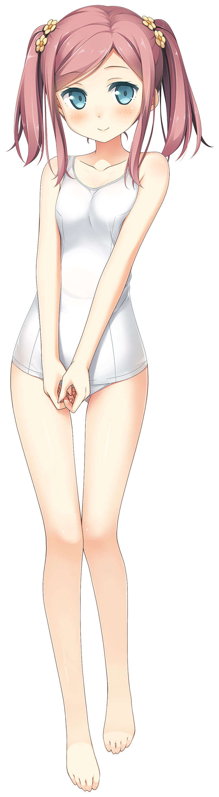 1girl absurdres bangs bare_legs bare_shoulders barefoot blue_eyes blush breasts chiyoda_momoka collarbone eyebrows_visible_through_hair feet fingernails full_body hair_ornament hands_together highres kantoku koi_suru_kanojo_no_bukiyou_na_butai long_hair looking_at_viewer one-piece_swimsuit pink_hair small_breasts smile solo standing swimsuit toes transparent_background twintails white_swimsuit