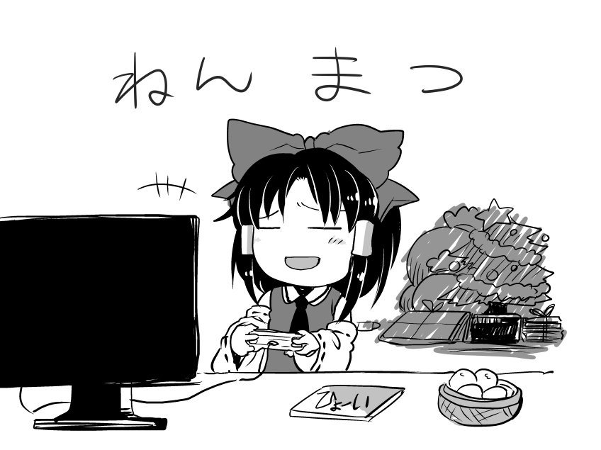 1girl ascot bow chibi christmas_tree closed_eyes comic commentary_request controller detached_sleeves fruit_bowl game_controller hair_bow hair_tubes hakurei_reimu japanese_clothes monitor nontraditional_miko open_mouth sitting smile solo star tako_(plastic_protein) touhou translation_request white_background wide_sleeves