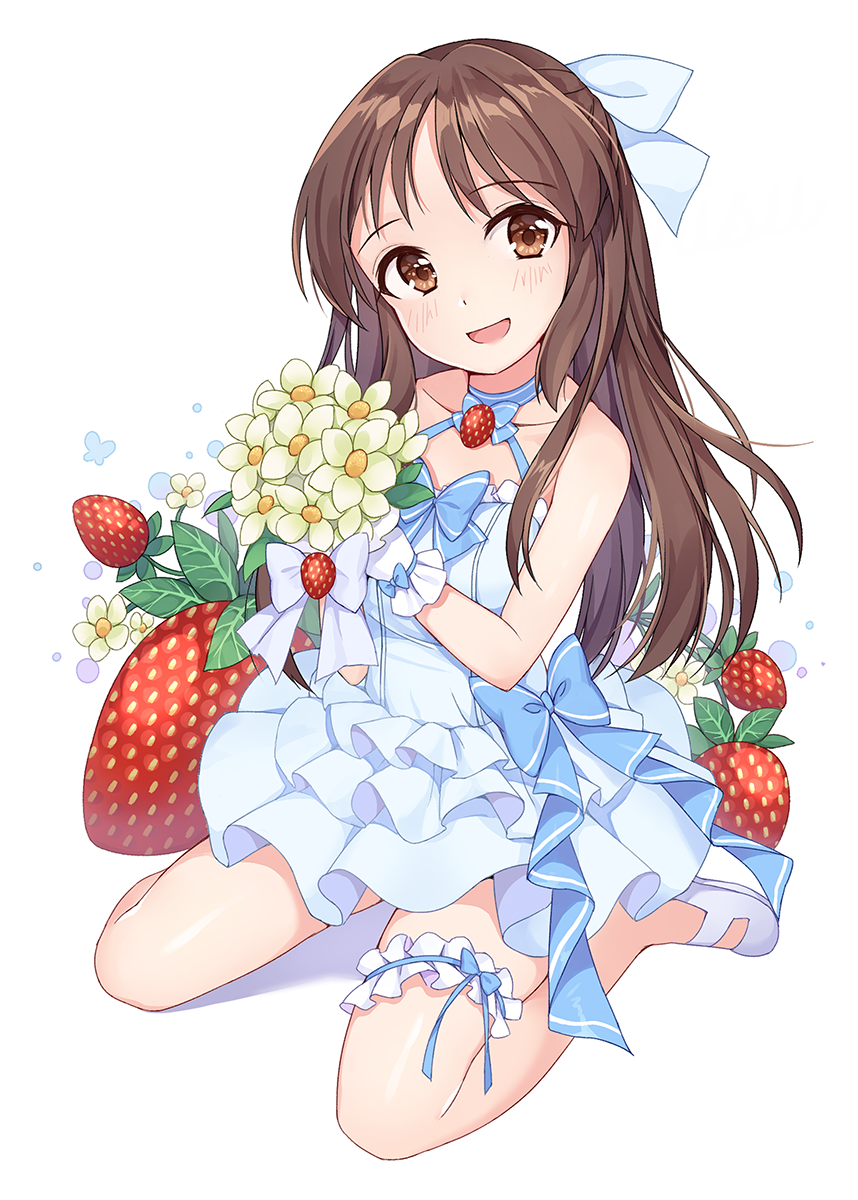 1girl blush bouquet bow brown_eyes brown_hair chobi_(penguin_paradise) flower food fruit hair_bow highres idolmaster idolmaster_cinderella_girls long_hair open_mouth revision solo strawberry tachibana_arisu