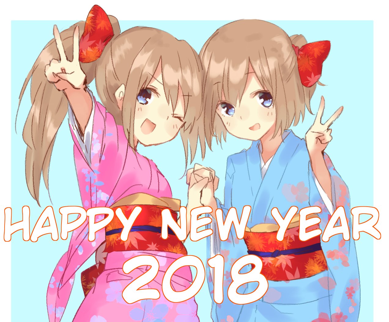 2018 2girls blancpig_yryr blue_eyes blush brown_hair english hand_holding japanese_clothes long_hair multiple_girls neptune_(series) new_year one_eye_closed open_mouth ram_(choujigen_game_neptune) rom_(choujigen_game_neptune) short_hair siblings simple_background sisters smile twins v