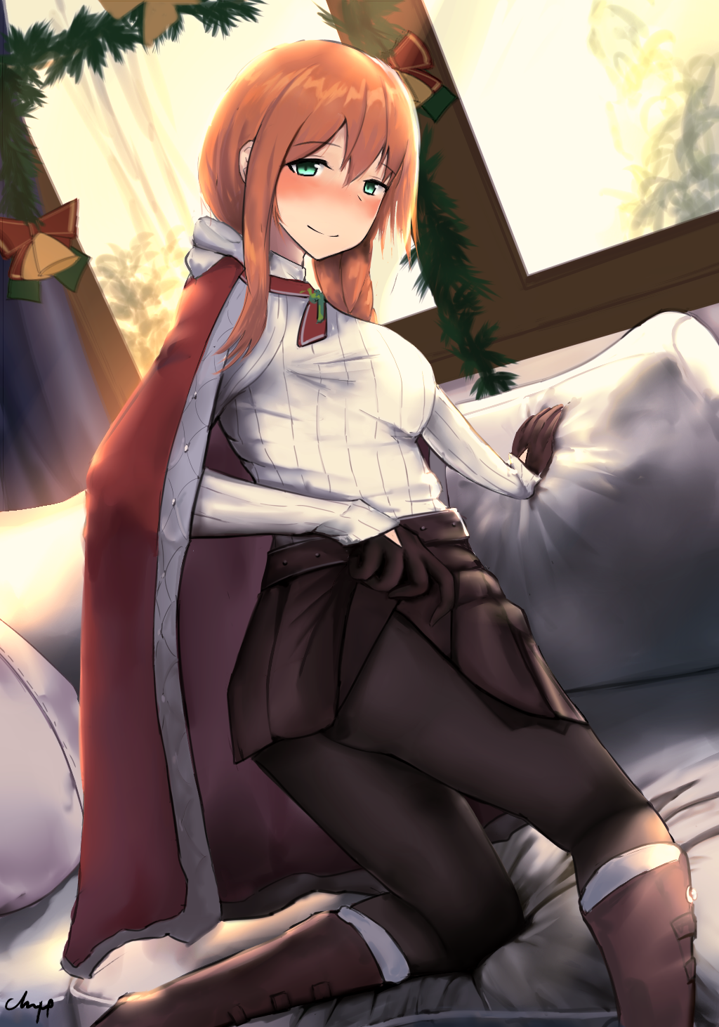 1girl arm_support bangs bell belt black_gloves black_legwear black_skirt blush boots braid breasts brown_hair buckle capelet chair christmas_ornaments chyt closed_mouth couch eyebrows_visible_through_hair from_behind girls_frontline gloves green_eyes hair_between_eyes hair_ribbon hair_rings hat highres holding_skirt indoors knee_boots kneeling large_breasts long_hair long_sleeves looking_at_viewer lounge lounge_chair m1903_springfield_(girls_frontline) one_eye_closed open_clothes pantyhose pleated_skirt ponytail red_ribbon ribbed_sweater ribbon sidelocks signature single_braid skirt smile snow solo sweater thighs very_long_hair window yellow_eyes