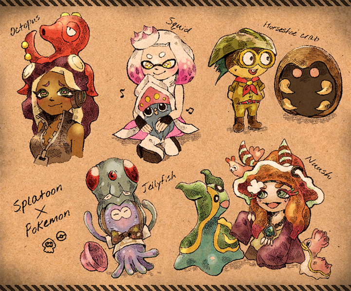 +_+ 1boy 3girls animal animal_on_head arms_behind_back ballpoint_pen_(medium) beamed_quavers boots buck_teeth bukichi_(splatoon) cephalopod_eyes closed_eyes coat company_connection copyright_name crossover crown dark_skin domino_mask ebii_(splatoon) english fingerless_gloves full_body gloves goggles green_eyes hat hat_removed headphones headwear_removed hime_(splatoon) horseshoe iida_(splatoon) inkay jellyfish jewelry kabuto_(pokemon) long_hair looking_at_another mask matsuri_(matsuike) miura_(splatoon) mole mole_under_mouth multicolored_hair multiple_girls musical_note octarian octillery octopus on_head open_mouth pants pendant pink_hair pink_pupils pokemon pokemon_(creature) quaver sea_slug shellder shellos shirt short_hair short_sleeves sitting sitting_on_lap sitting_on_person sleeveless smile snail splatoon squid standing suction_cups tentacle tentacle_hair tentacool traditional_media upper_body vest white_hair yellow_eyes zipper zipper_pull_tab