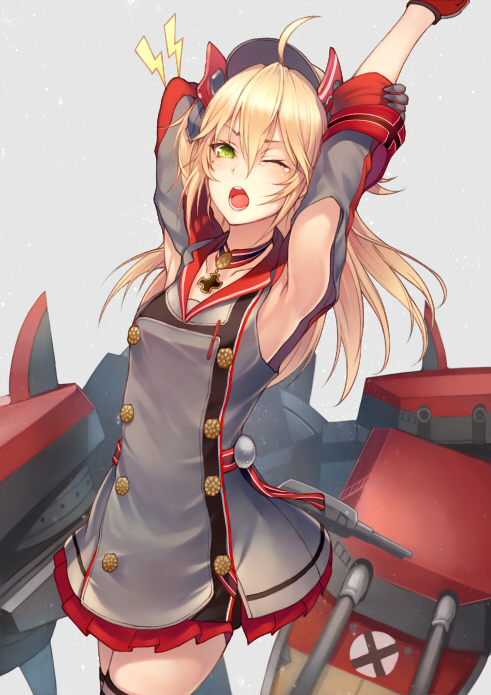 1girl ;o admiral_hipper_(azur_lane) ahoge arm_behind_head armpit_cutout armpits arms_up azur_lane bangs black_gloves black_legwear blonde_hair blush choker cowboy_shot double-breasted dress gloves green_eyes grey_background grey_dress hair_between_eyes headgear iron_cross jewelry kyoeiki lightning_bolt long_hair looking_at_viewer machinery military military_uniform one_eye_closed open_mouth pendant short_sleeves simple_background solo standing tears thigh-highs turret uniform v-shaped_eyebrows yawning zettai_ryouiki