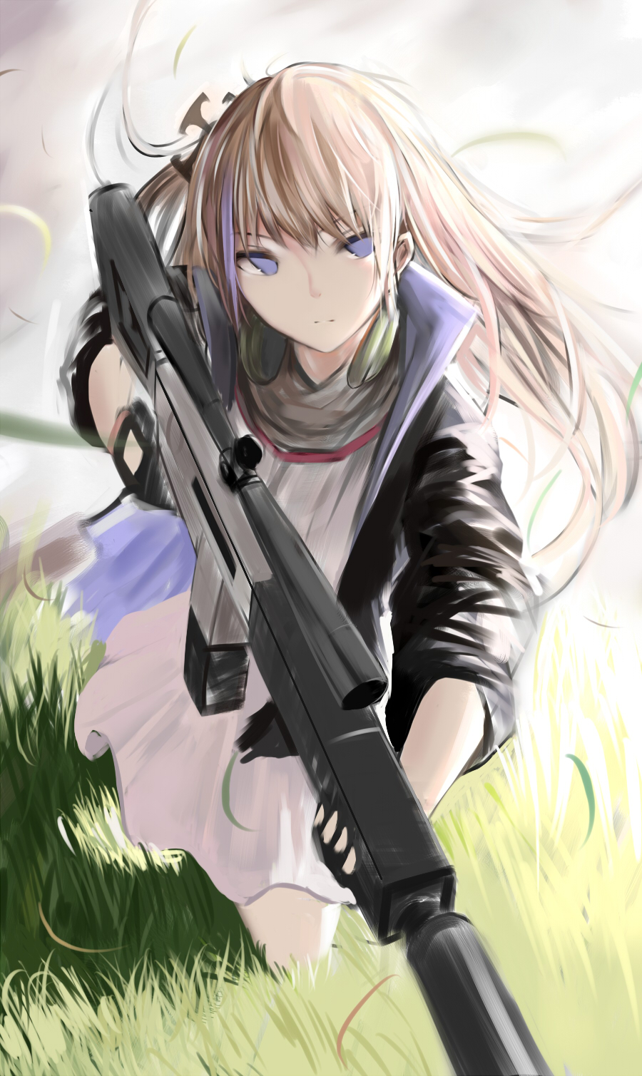 1girl ar-15 assault_rifle bangs blue_eyes brown_hair closed_mouth clouds cloudy_sky dress expressionless eyebrows_visible_through_hair fingerless_gloves floating_hair girls_frontline gloves grass gun hair_ornament headphones headphones_around_neck highres holding holding_gun holding_weapon jacket long_hair looking_at_viewer military multicolored_hair one_side_up pink_hair rifle running scarf scope short_hair side_ponytail skirt sky solo st_ar-15_(girls_frontline) stanag_magazine streaked_hair tall_grass thigh-highs trigger_discipline tsubaki_(yi) weapon wind
