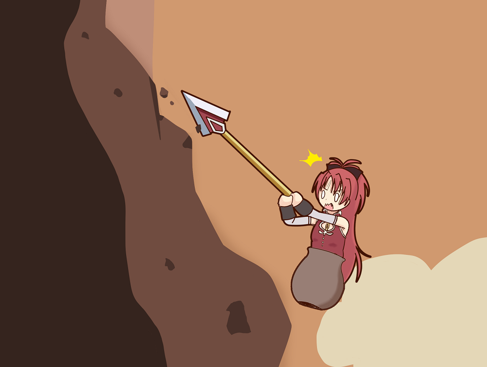 1girl black_ribbon climbing duplicate falling fang getting_over_it hair_ribbon in_container kurakuru magical_girl mahou_shoujo_madoka_magica o_o polearm ponytail pot redhead ribbon sakura_kyouko spear surprised wavy_mouth weapon