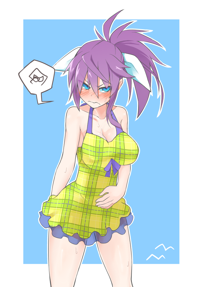 1girl bare_shoulders blue_eyes blush breasts dress ear_blush frown halterneck imura_(shiro_maru) large_breasts long_hair nose_blush original plaid plaid_dress ponytail purple_hair shiro_maru solo sundress sweat