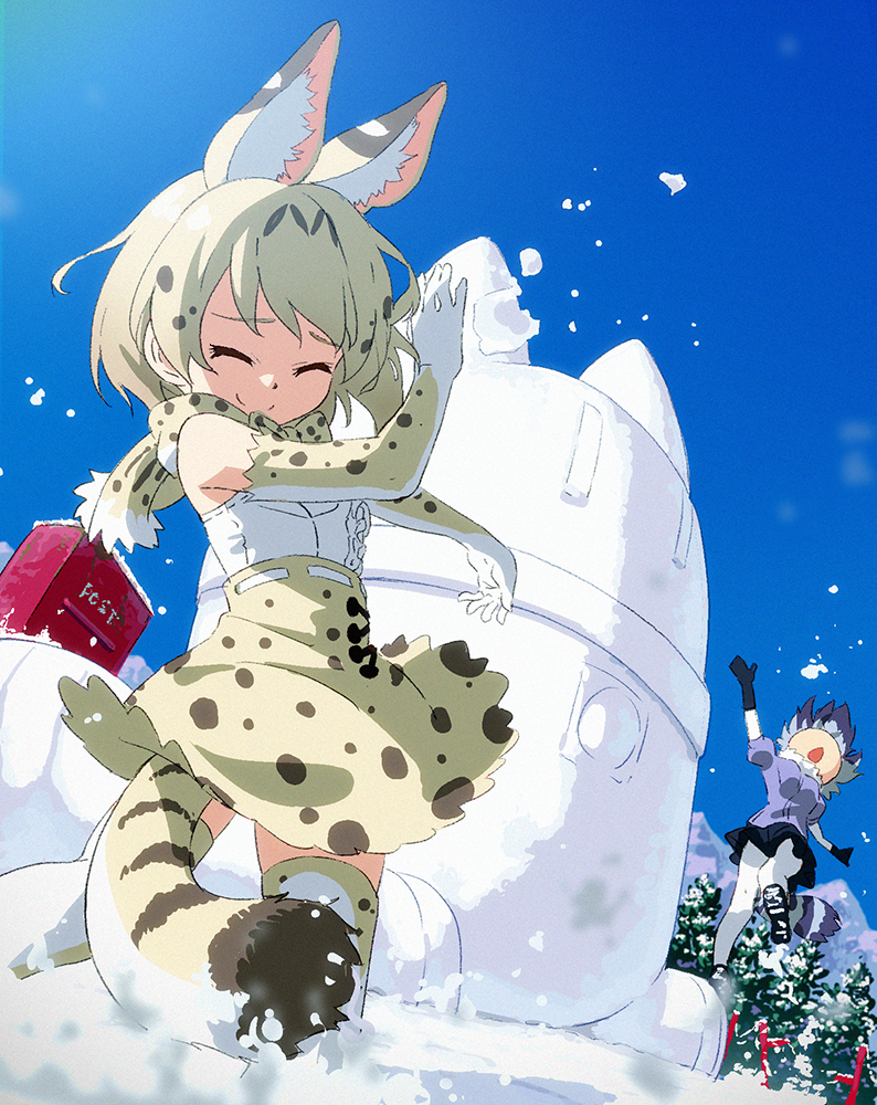 2girls animal_ears black_hair blonde_hair bow bowtie closed_eyes commentary_request common_raccoon_(kemono_friends) elbow_gloves extra_ears fur_trim gloves grey_hair kemono_friends lucky_beast_(kemono_friends) mailbox mountain multicolored_hair multiple_girls open_mouth pantyhose pine_tree puffy_short_sleeves puffy_sleeves raccoon_tail serval_(kemono_friends) serval_ears serval_print serval_tail short_sleeves snow_sculpture snowball snowball_fight spotted_hair tail thigh-highs tomato_(lsj44867) tree two-tone_hair white_legwear