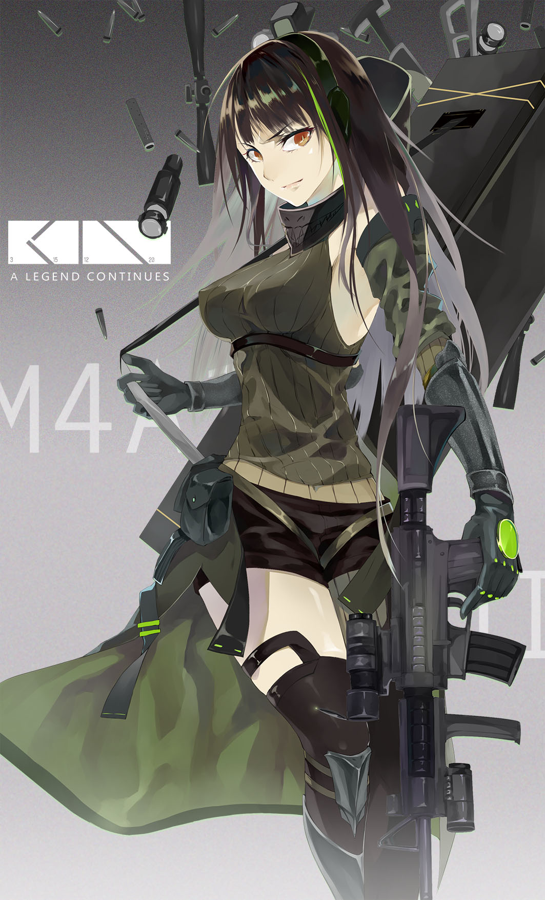 1girl armband assault_rifle asymmetrical_legwear bangs black_hair black_legwear black_shorts breasts brown_eyes bullet camouflage_jacket case character_name clothes_around_waist detached_sleeves elbow_gloves eyebrows_visible_through_hair girls_frontline gloves green_hair grey_gloves gun highres holding holding_gun holding_strap holding_weapon jacket jacket_around_waist large_breasts long_hair looking_at_viewer m4_carbine m4a1_(girls_frontline) magazine_(weapon) multicolored_hair nero4 remodel_(girls_frontline) ribbed_legwear ribbed_shirt rifle scarf scope shell_casing shirt short_shorts shorts sleeveless sleeveless_shirt smile solo strap streaked_hair suppressor thigh-highs thighs weapon weapon_bag zettai_ryouiki