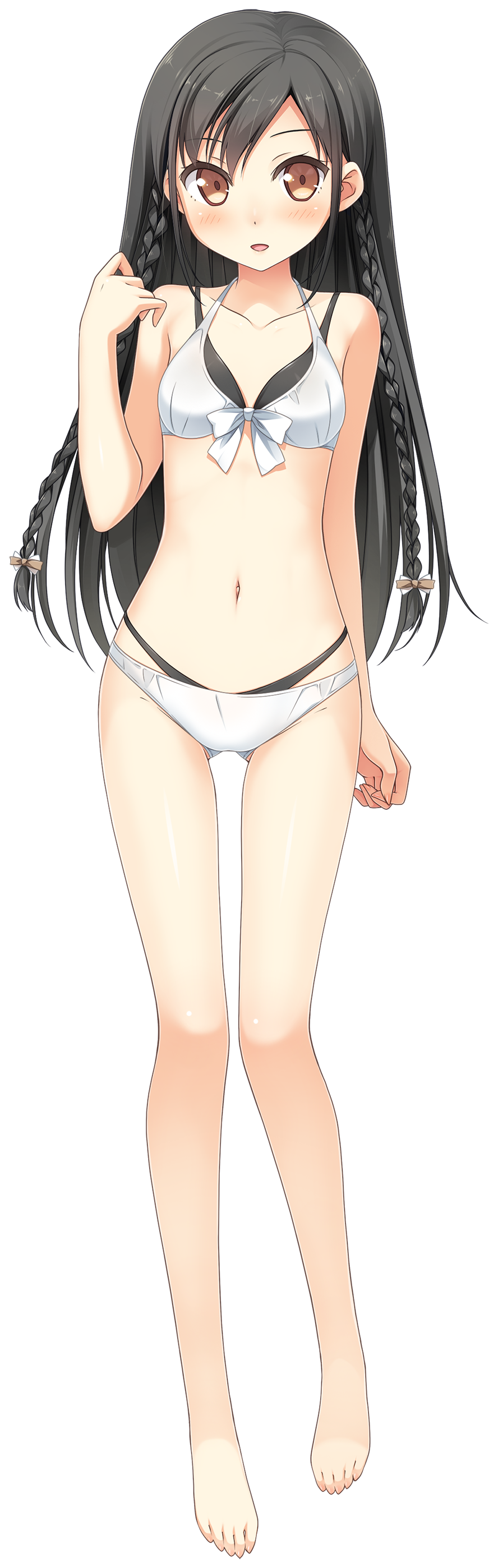 1girl absurdres bangs bare_legs bare_shoulders barefoot black_hair blush bow braid breasts brown_eyes collarbone eyebrows_visible_through_hair feet front-tie_bikini front-tie_top full_body hair_bow highres kantoku koi_suru_kanojo_no_bukiyou_na_butai long_hair looking_at_viewer nanase_sena navel open_mouth small_breasts smile solo standing toes transparent_background