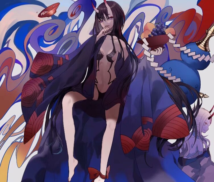 2girls barefoot black_hair bowl breasts chocolate_(jitong) cup fate/grand_order fate_(series) fruit_bowl horns japanese_clothes kimono long_hair looking_at_viewer midriff multiple_girls navel oni oni_horns open_clothes open_kimono purple_kimono revealing_clothes sakazuki shide shuten_douji_(fate/grand_order) small_breasts very_long_hair violet_eyes white_hair