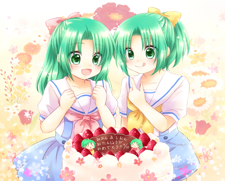 2girls :d :q bow cake child clenched_hands flower food fruit green_eyes green_hair hair_bow higurashi_no_naku_koro_ni maekawa_suu multiple_girls open_mouth ponytail sailor_collar shorts siblings sisters skirt smile sonozaki_mion sonozaki_shion strawberry tongue tongue_out translation_request twins younger