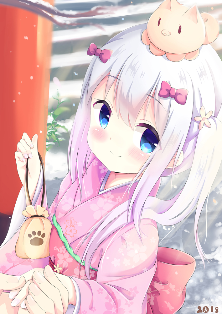 1girl 2018 alternate_hairstyle blue_eyes blush bow closed_mouth commentary_request day eromanga_sensei eyebrows_visible_through_hair floral_print flower from_side hair_between_eyes hair_bow hair_flower hair_ornament hand_holding izumi_sagiri japanese_clothes kimono kittipat_jituatakul lavender_hair long_hair long_sleeves looking_at_viewer number obi on_head outdoors paw_print pink_bow plant pouch sash side_ponytail smile snow solo_focus stairs