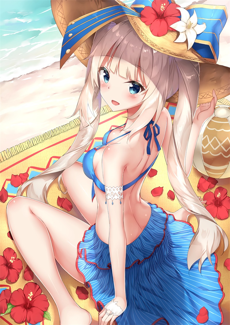 1girl arm_garter beach blue_eyes blue_swimsuit blush breasts fate/grand_order fate_(series) flower flower_hat hat long_hair looking_at_viewer looking_back marie_antoinette_(fate/grand_order) medium_breasts petals rong_yi_tan sand sitting solo straw_hat swimsuit twintails wariza white_background white_hair