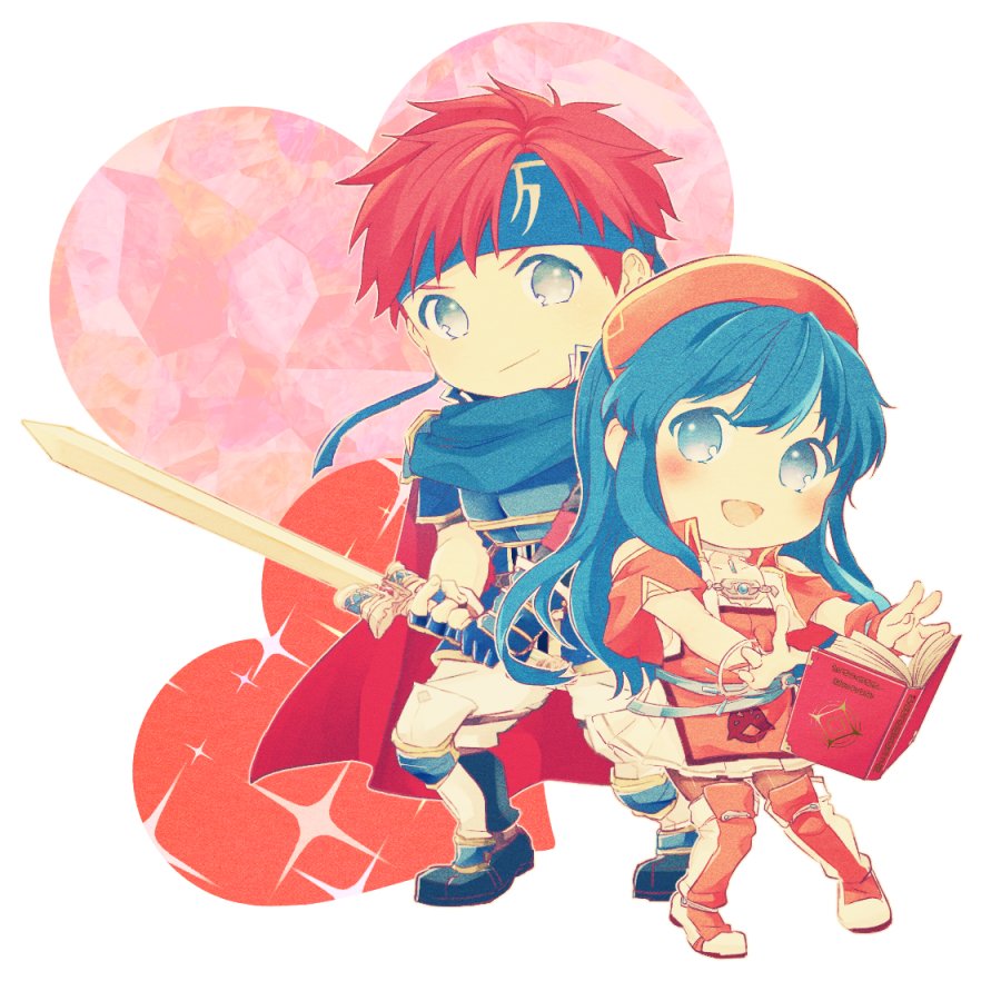 1boy 1girl armor blue_eyes blue_hair blush cape chibi couple dress fire_emblem fire_emblem:_fuuin_no_tsurugi gloves hat lilina long_hair looking_at_viewer nishimura_(nianiamu) open_mouth redhead roy_(fire_emblem) short_hair simple_background smile