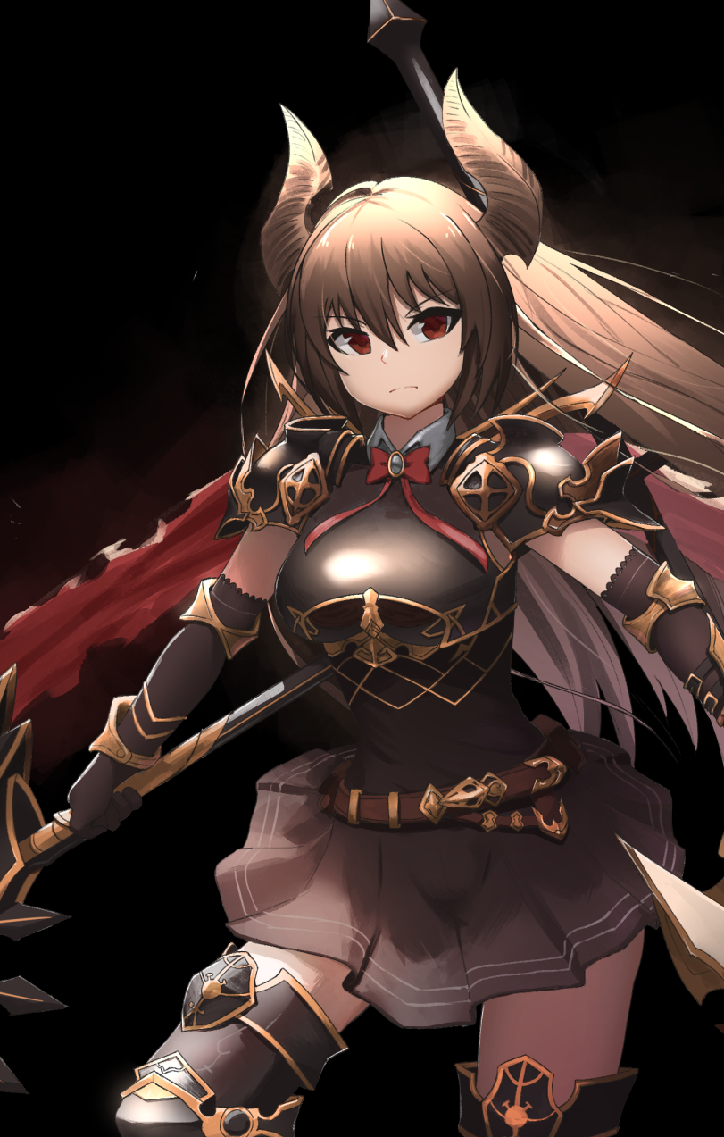 10s 1girl armor armored_boots belt black_background black_gloves boots breastplate brown_hair cowboy_shot doraf dress dual_wielding elbow_gloves forte_(shingeki_no_bahamut) frown gloves granblue_fantasy highres horns kaafi lance long_hair pauldrons polearm red_eyes scarf serious shingeki_no_bahamut solo weapon