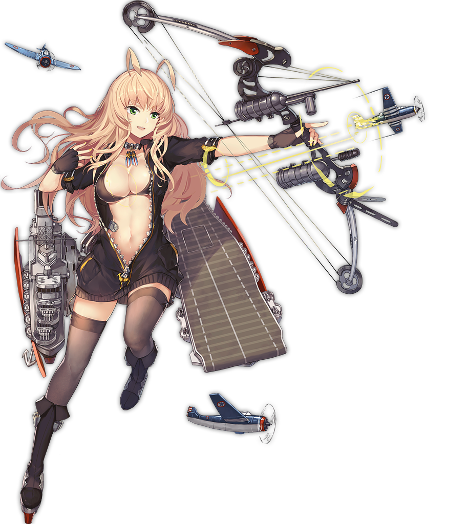 1girl aircraft airplane antenna_hair artist_request azur_lane bikini_top black_bikini_top black_gloves blonde_hair bow_(weapon) breasts cleavage fingerless_gloves fingernails flight_deck full_body gloves green_eyes holding holding_bow_(weapon) holding_weapon long_hair medium_breasts nail_polish navel official_art open_mouth simple_background solo star tachi-e transparent_background wasp_(azur_lane) weapon yellow_nails