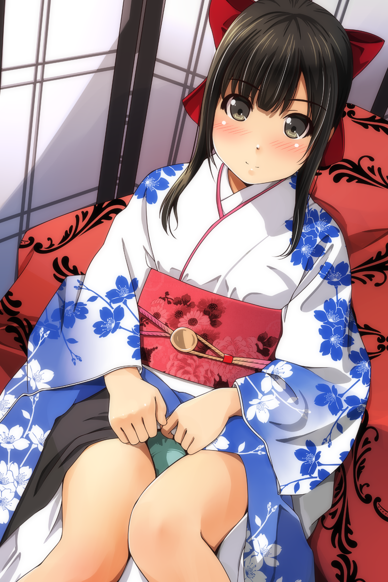 1girl bangs black_eyes blush bow eyebrows_visible_through_hair hair_bow highres japanese_clothes kimono lifted_by_self looking_at_viewer matsunaga_kouyou obi original panties sash sitting skirt skirt_lift smile solo underwear