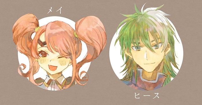 1boy 1girl brown_background circlet fire_emblem fire_emblem:_rekka_no_ken fire_emblem_echoes:_mou_hitori_no_eiyuuou green_eyes green_hair heath mae_(fire_emblem) multicolored_hair one_eye_closed open_mouth pink_hair portrait red_eyes shourou_kanna simple_background twintails two-tone_hair white_hair