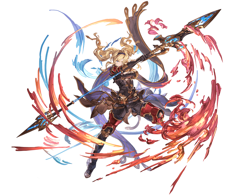 1girl bangs belt blonde_hair blue_eyes brown_gloves elbow_gloves eyebrows_visible_through_hair gloves granblue_fantasy hairband holding holding_weapon long_hair looking_at_viewer minaba_hideo official_art one_leg_raised pants polearm smile transparent_background twintails weapon zeta_(granblue_fantasy)