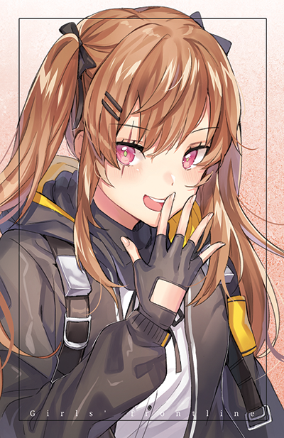 1girl :d armband bangs black_bow black_gloves black_jacket black_ribbon blush bow bright_pupils brown_hair facial_scar fingerless_gloves girls_frontline gloves gradient gradient_background hair_bow hair_ornament hairclip jacket long_hair long_sleeves looking_at_viewer open_clothes open_jacket open_mouth orange_background pink_eyes ribbon scar scar_across_eye shiny shiny_hair shirt smile solo spread_fingers tiny_(tini3030) twintails ump9_(girls_frontline) white_shirt