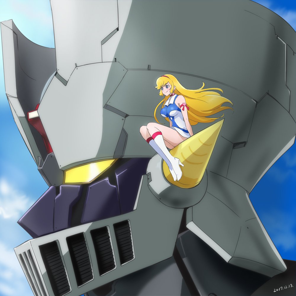 1girl anime_coloring blonde_hair blue_sky boots breasts creator_connection cutie_honey cutie_honey_universe dated dress hairband haruyama_kazunori impossible_clothes impossible_dress kisaragi_honey long_hair mazinger_z mazinger_z:_infinity mazinger_z_(mecha) mecha sitting sky thigh-highs thigh_boots white_footwear