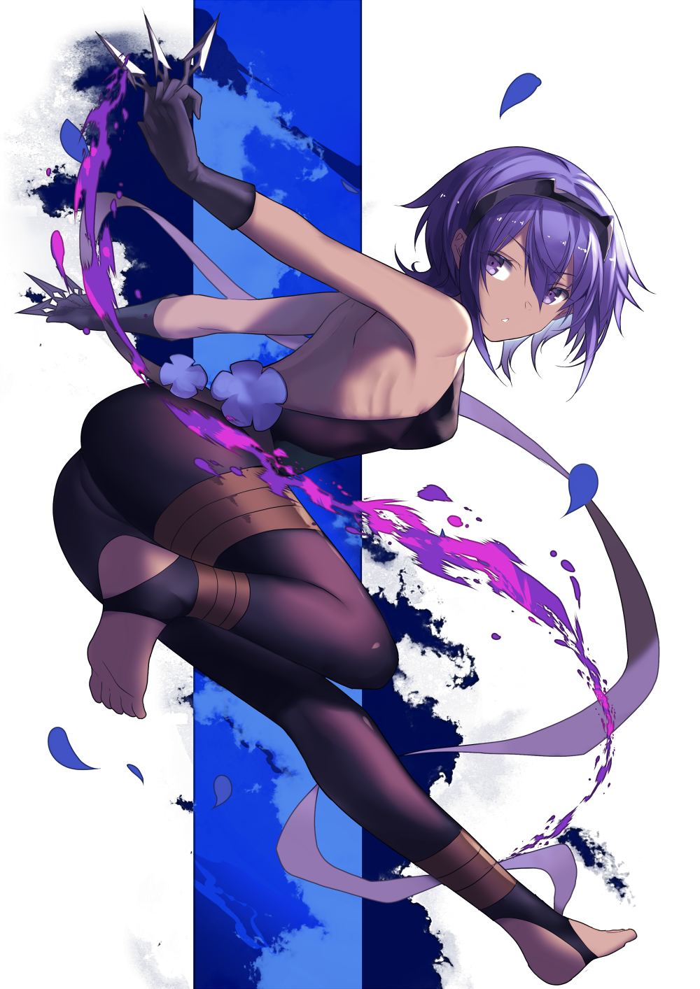 1girl ankle_wraps ass assassin_(fate/prototype_fragments) bad_feet bare_shoulders barefoot black_legwear breasts dark_skin fate/grand_order fate/prototype fate/prototype:_fragments_of_blue_and_silver fate_(series) feet flower full_body gloves hairband highres karlwolf knife looking_at_viewer purple_hair short_hair simple_background small_breasts soles solo violet_eyes weapon white_background