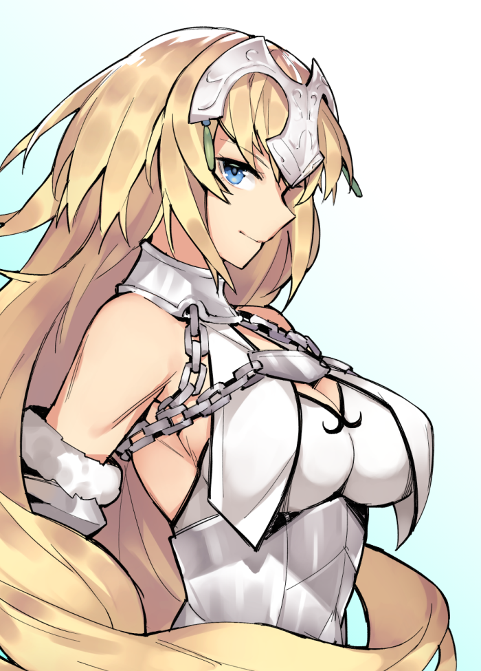 1girl armor blonde_hair blue_eyes breasts chains cleavage fate/apocrypha fate/grand_order fate_(series) fur_trim gebyy-terar headpiece large_breasts long_hair looking_at_viewer ruler_(fate/apocrypha) simple_background smile solo upper_body white_background