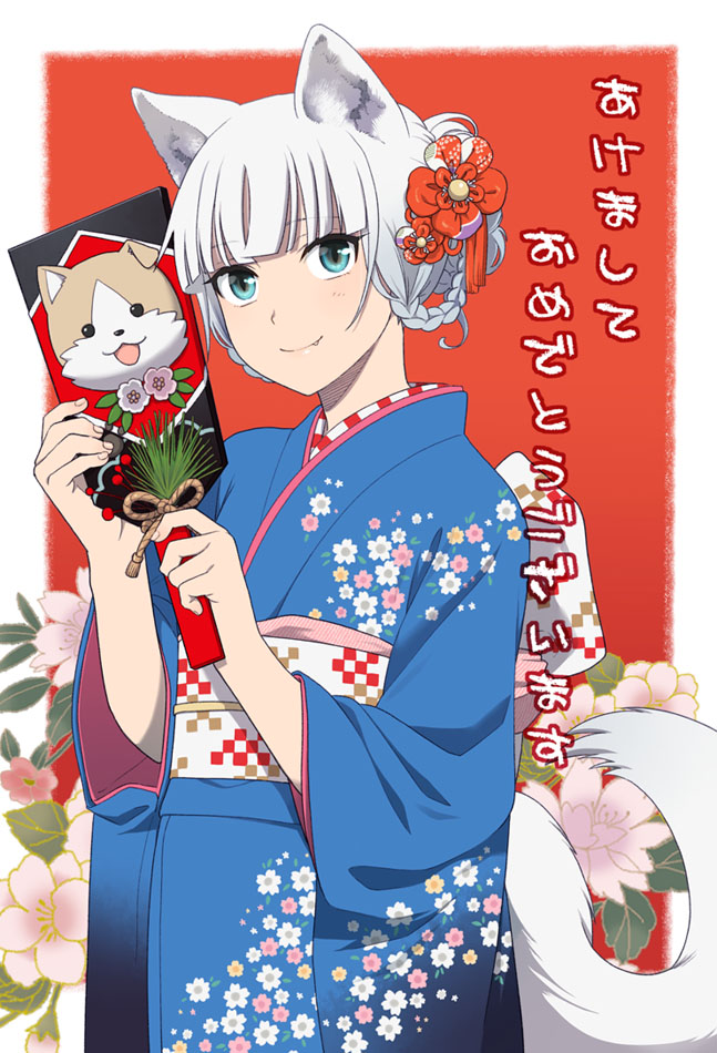 1girl animal_ears blue_eyes dog_ears dog_tail fang_out hair_ornament japanese_clothes kimono mattaku_mousuke original smile solo tail white_hair