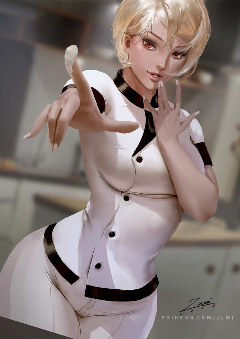 1girl artist_name banned_artist blonde_hair blurry breasts chef_uniform dated depth_of_field icing kitchen looking_at_viewer nakiri_alice pants patreon_username red_eyes shokugeki_no_souma short_hair signature solo taut_clothes zumi_(zumidraws)